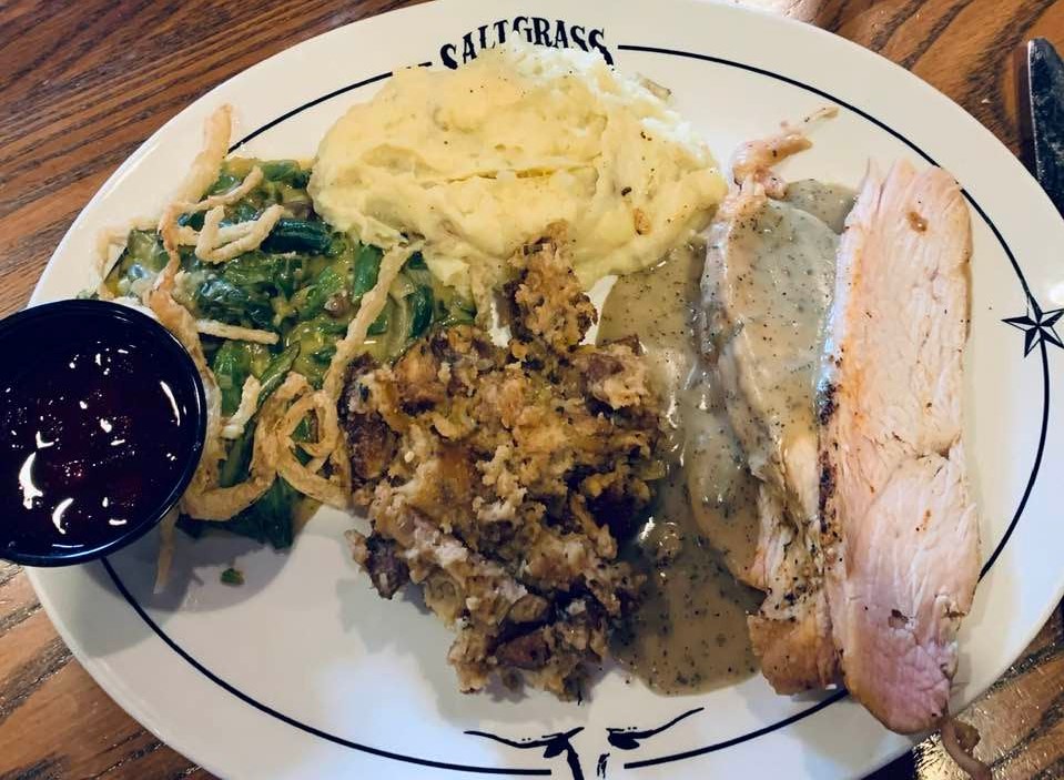 This is my Salt Grass plate before I touched it. The mashed potatoes were good. Turkey dry, stuffing dry, gravy weird, green bean casserole mushy and no rolls or pie. Next year, I will cook.