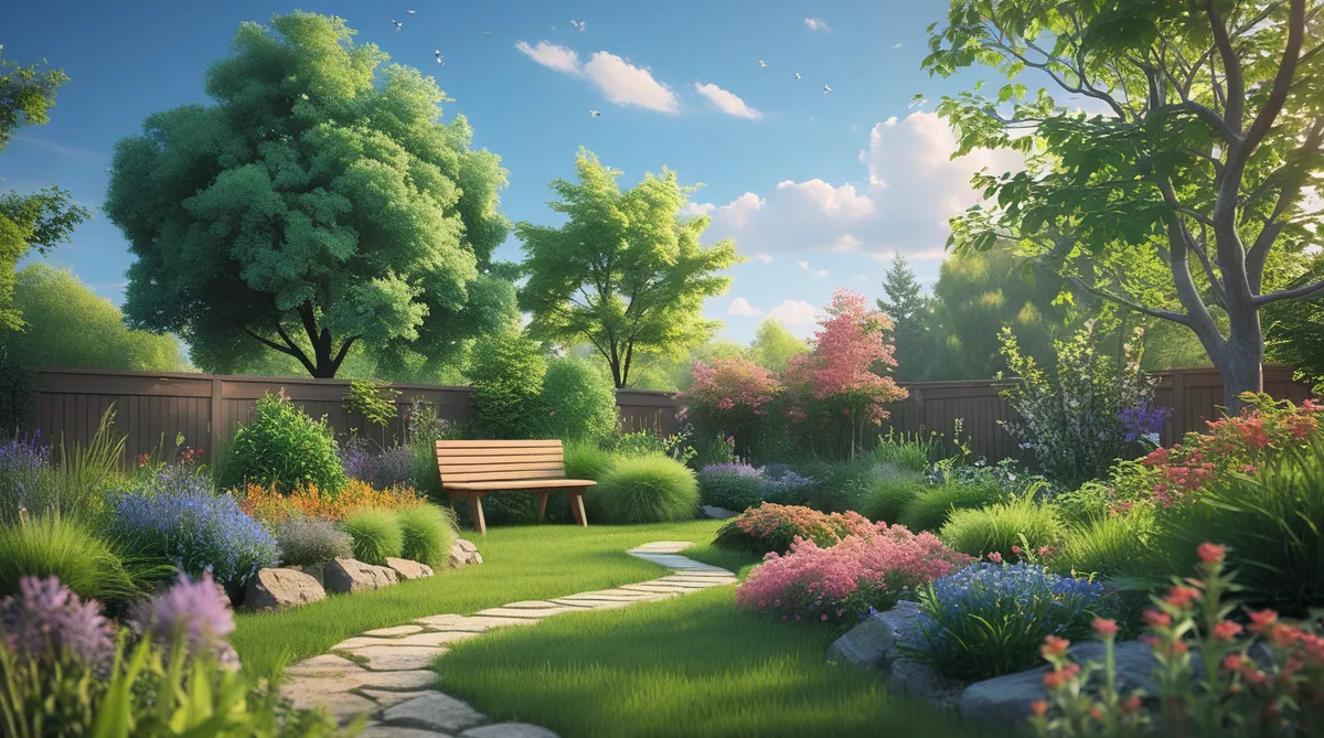 You can use lots of color in naturalistic planting. Add a walkway and a bench for your convenience.