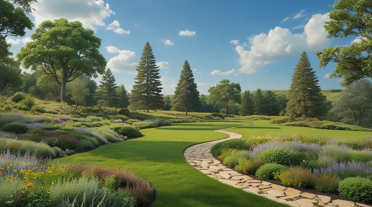 Here is a beautifully planted piece of land with a walkway. The plants all look like they have been there for years. This is naturalistic planting.