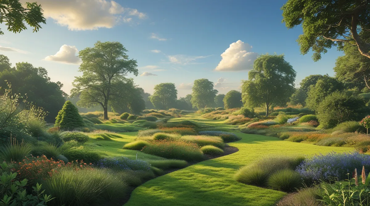 A well manicured yard that looks more like a park with a walking trail demonstrates naturalistic gardening.