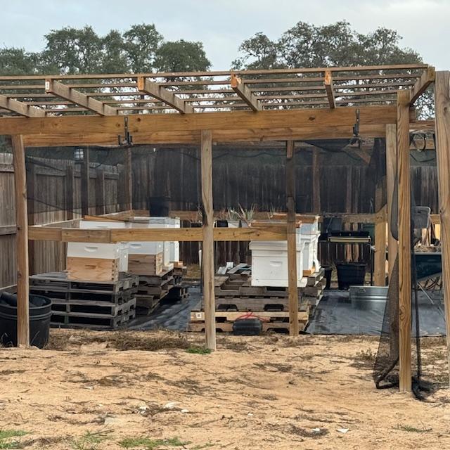 We recently moved our bees closer to our house so we can keep a better eye on them. They are under a shelter with shade cloth so they will be more comfortable next summer.