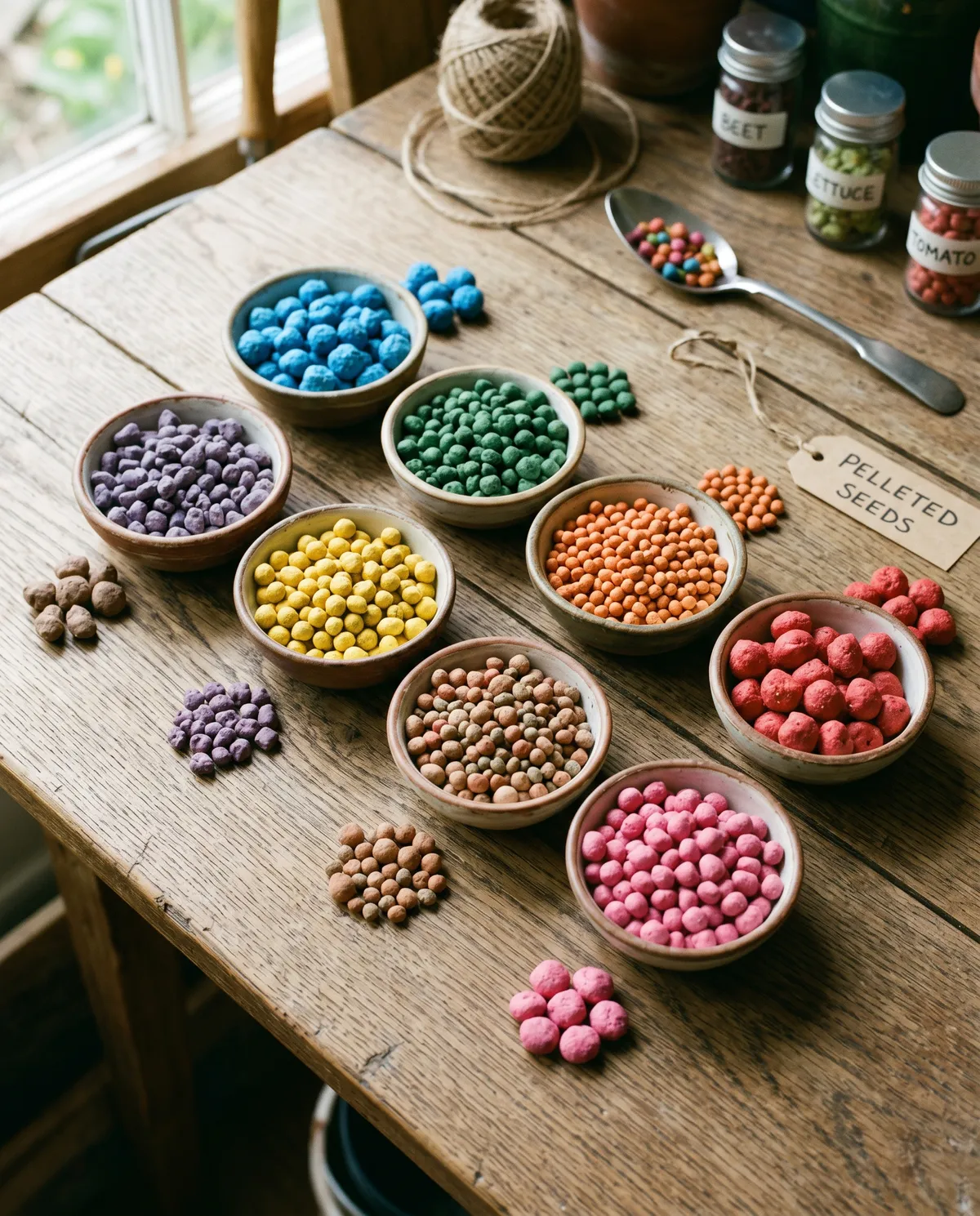 Pelleted seeds come in a variety of colors and sizes, made to make it easier to plant a garden. The pelleting makes the seeds larger and easier to see and handle.