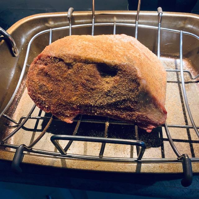 The prime rib is all seasoned up and ready for baking.