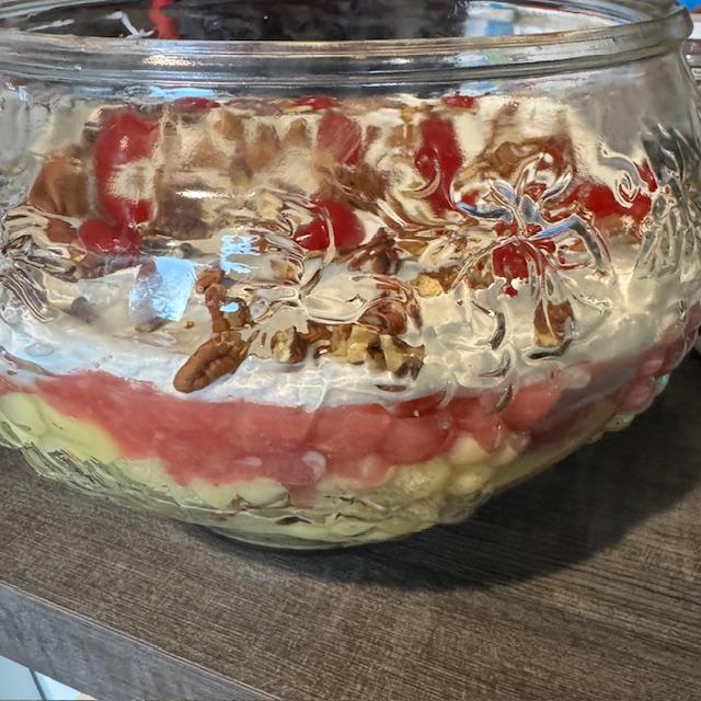 Side view of my punchbowl cake. It was delicious, by the way, and I had several nice comments at church about it.