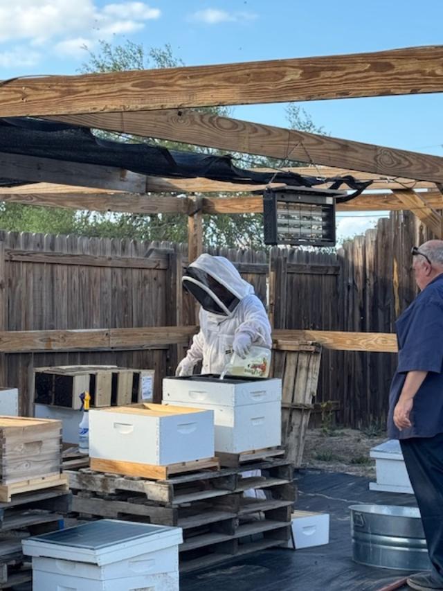Matt was smart and wore his bee suit. It was all sticky when he was finished so I washed it for him.