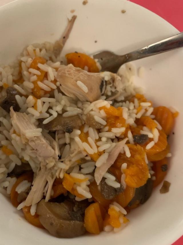 Rabbit meat with veggies and rice. It was good.