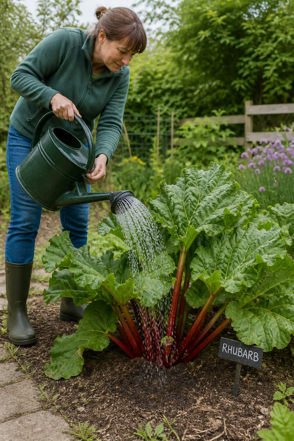 Keep the rhubarb well watered but do not over water if you live in a place that gets plenty of rain.