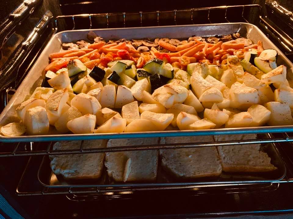 Delicious roasted veggies and homemade garlic bread.