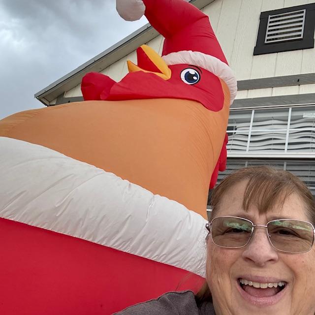 Here I am in the wind, turning off the rooster so he doesn't blow away.