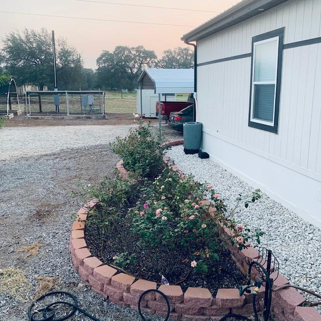 Here is our rose garden in the house with the generator, our carport, and some hoop houses.