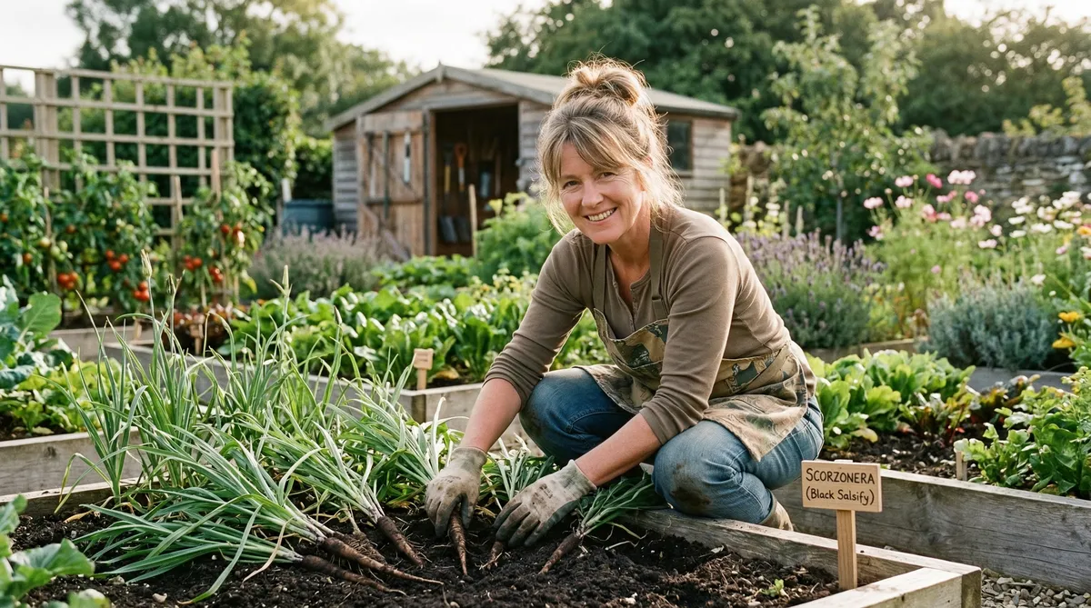 A lady harvesting scorzonera in her garden.