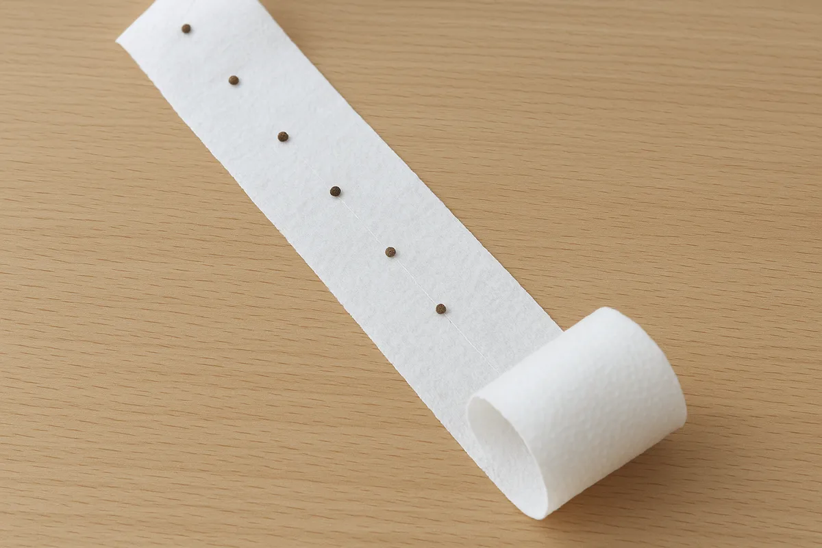 I asked AI for seeds that are 2 inches apart but it would not give me that for DIY seed tape. Place your seeds 2 to 3 inches apart on the paper.