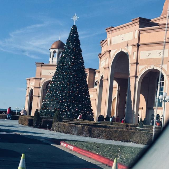 The Christmas tree outside of the Sights And Sounds Theater.