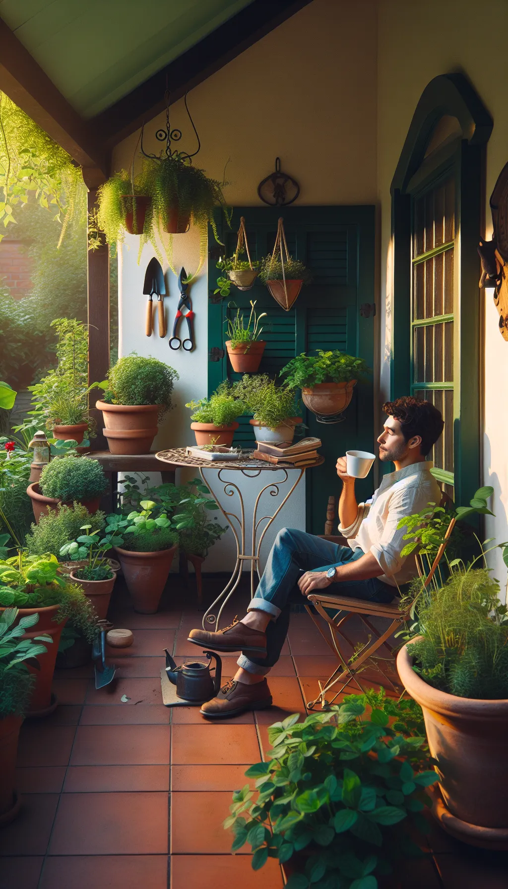 Pots on a small deck, some hanging, makes for good small space gardening.
