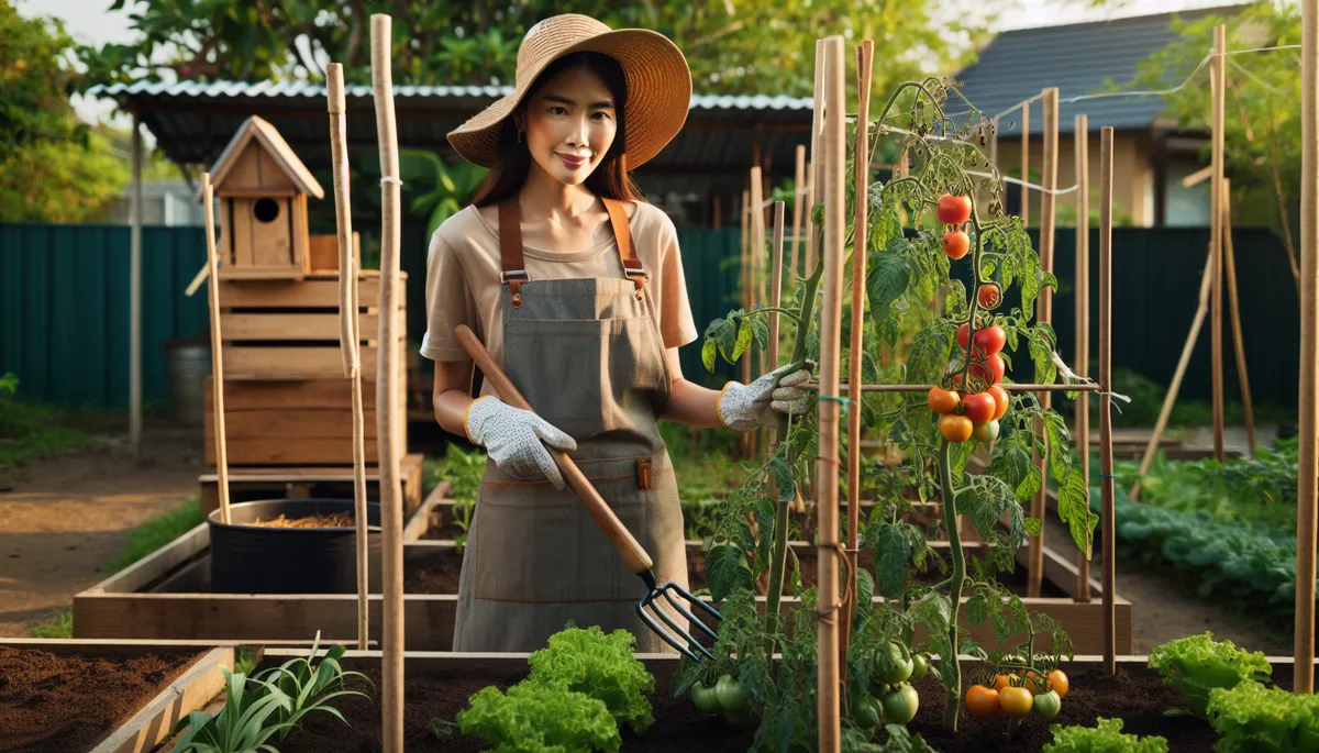Do some small space gardening in the backyard to grow plump ripe tomatoes hanging from their vines interspersed with various other green leafy vegetables. Do some small space gardening in the backyard to grow plump ripe tomatoes hanging from their vines interspersed with various other green leafy vegetables.