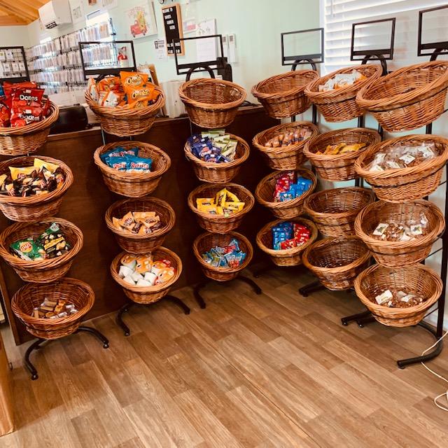 Chips, pretzels, pecans, chocolate armadillos, and crackers are waiting for you.
