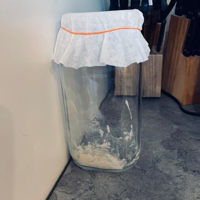 Here is my brand new sourdough starter. Early tomorrow morning, I will feed it with flour and water and repeat about every 12 hours for about a week and then it should be ready.