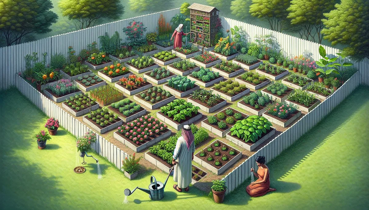 Square foot plots arranged in a grid-like pattern inside a lush garden. Each  plot is growing a different variety of plants, showcasing an array of vibrant colors and textures.