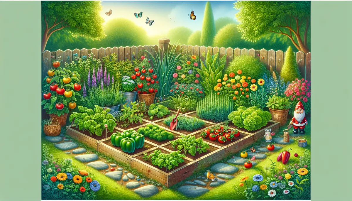 Each of these squares are home to a variety of plants: vegetables like tomatoes and bell peppers, herbs like rosemary and thyme, and colorful flowers like marigolds and pansies.
