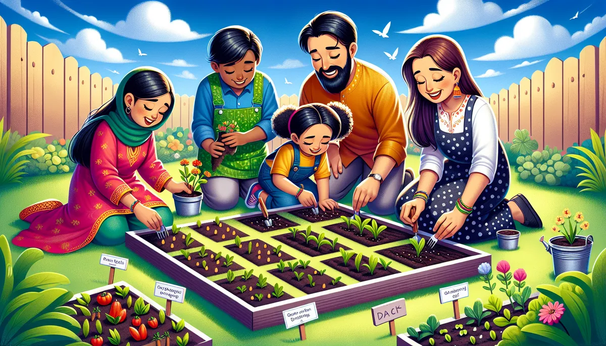 The children and parents exhibit a sense of joy and togetherness while doing some square foot gardening.