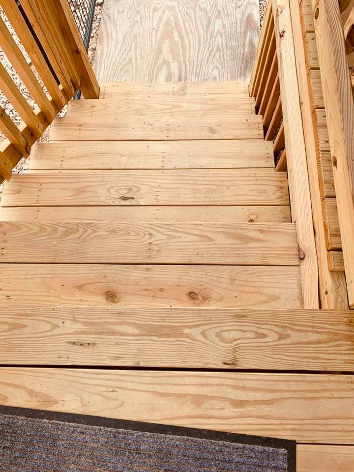 The staircase where I accidentally skipped a stair today in the backyard farm area of our property.I never should have turned off the porch light.