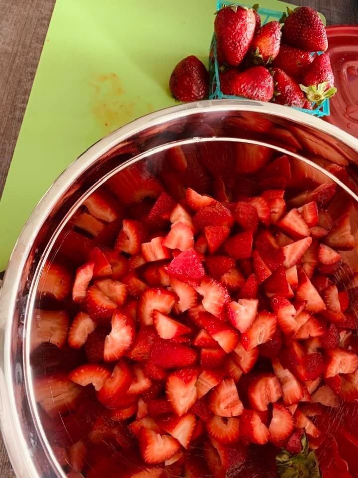 Slice your berries into bite sized pieces and add sugar to them. Fold the sugar in and put them in your freezer bags.