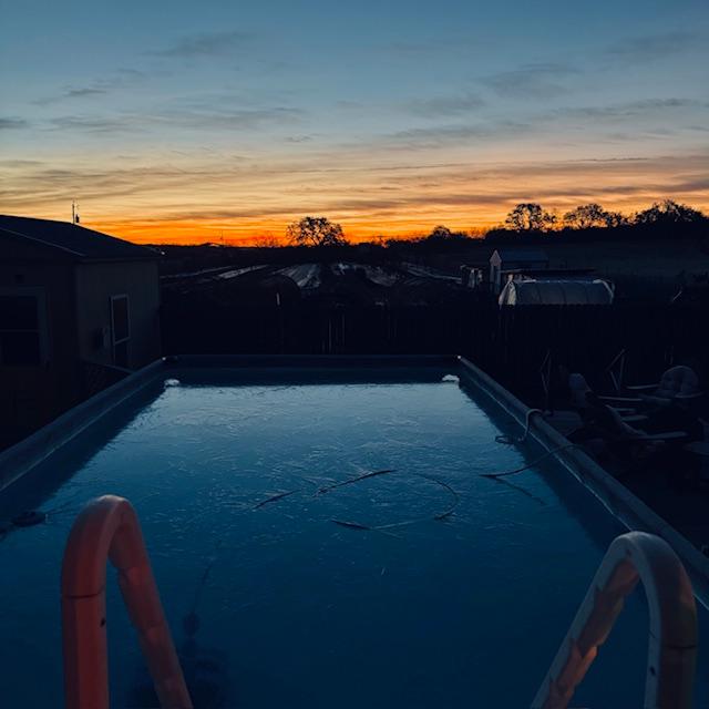 This is our sunrise this morning. Note the ice in the pool. 9 degrees...in Texas.