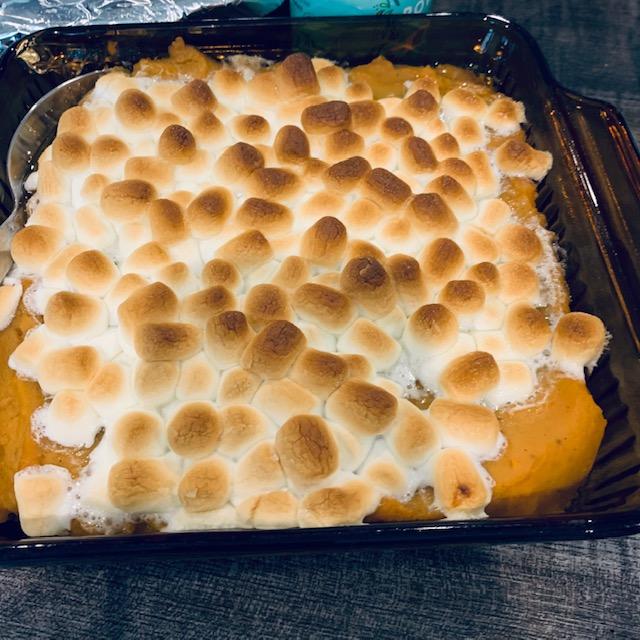 One of my sweet potato with marshmallows casserole dishes at Thanksgiving. Yum!