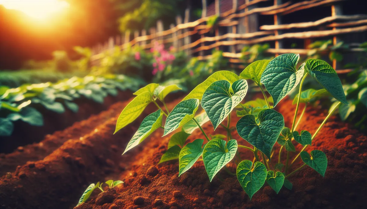 Here you can see the natural growth of a sweet potato vine. It flourishes in a well-maintained garden with rows of fertile soil. Here you can see the natural growth of a sweet potato vine. It flourishes in a well-maintained garden with rows of fertile soil.