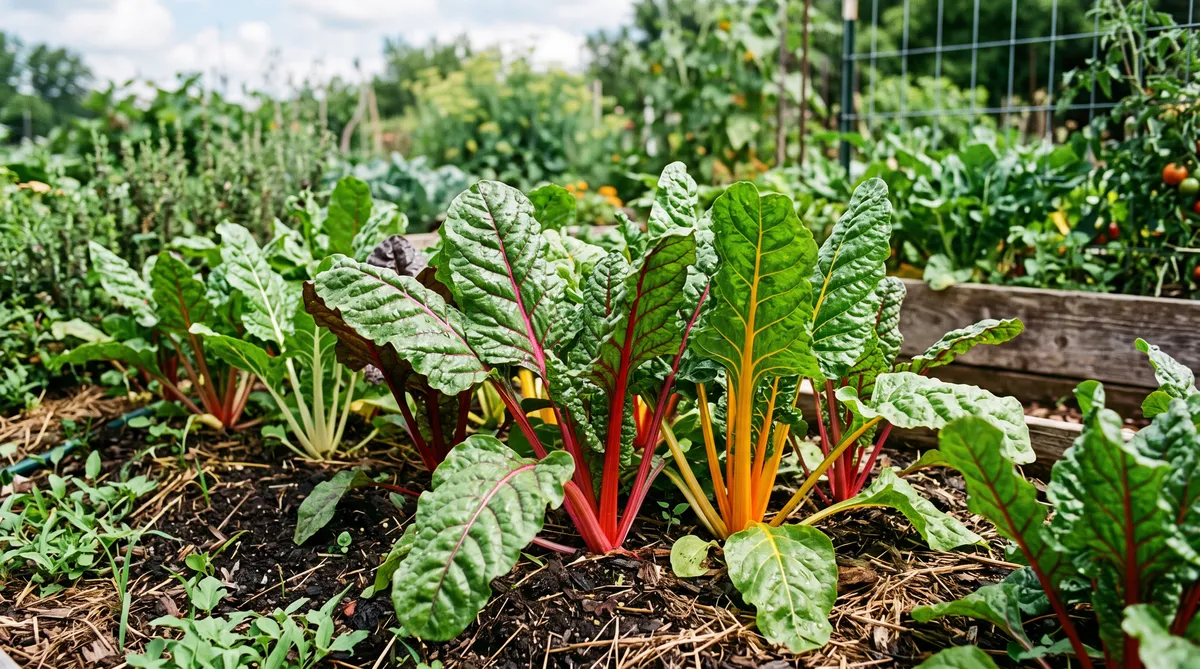 Colorful stalks of Swiss chard are growing.