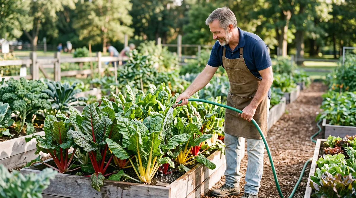 This man is watering the Swiss chard growing in his fall garden. Isn't it pretty?