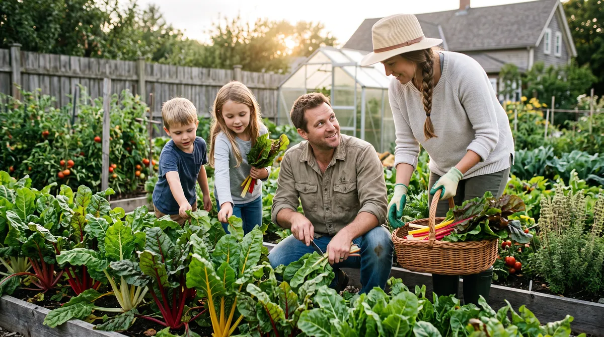 The whole family is harvesting their Swiss chard.