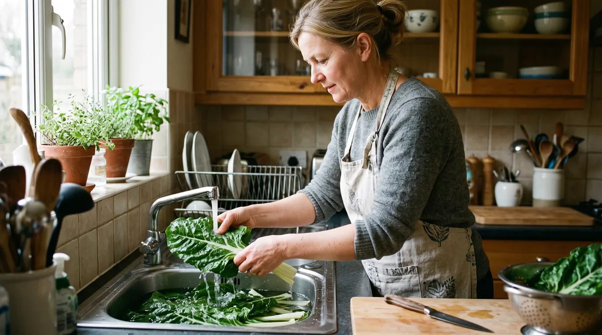 This lady grew green Swiss chard instead of the multicolored stems. She is washing the chard, getting ready to cook and eat it.