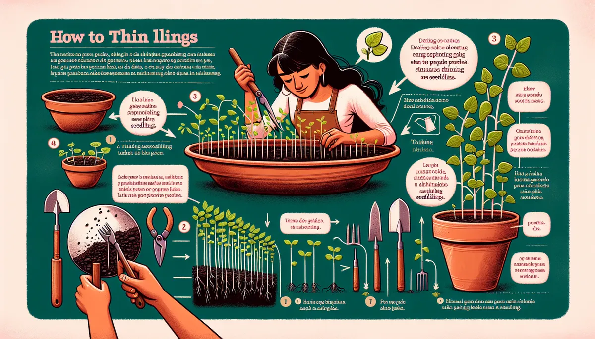This illustration shows how a girl thinning plants. The words are not in English but you can see what to do.