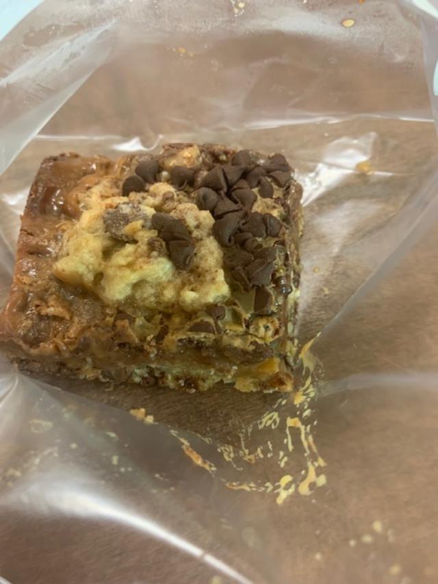 My latest creation is a gooey Toffee Chocolate Chip Cookie Bar. It is delicious, loaded down with caramel.