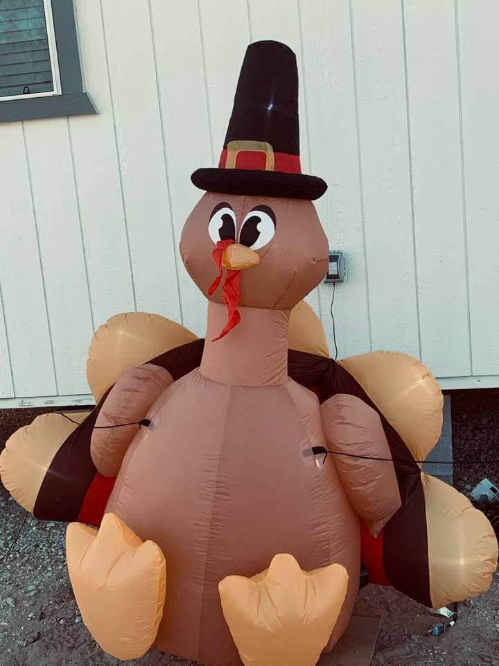 David got us some new blow up turkeys this year. This is our little pilgrim turkey.