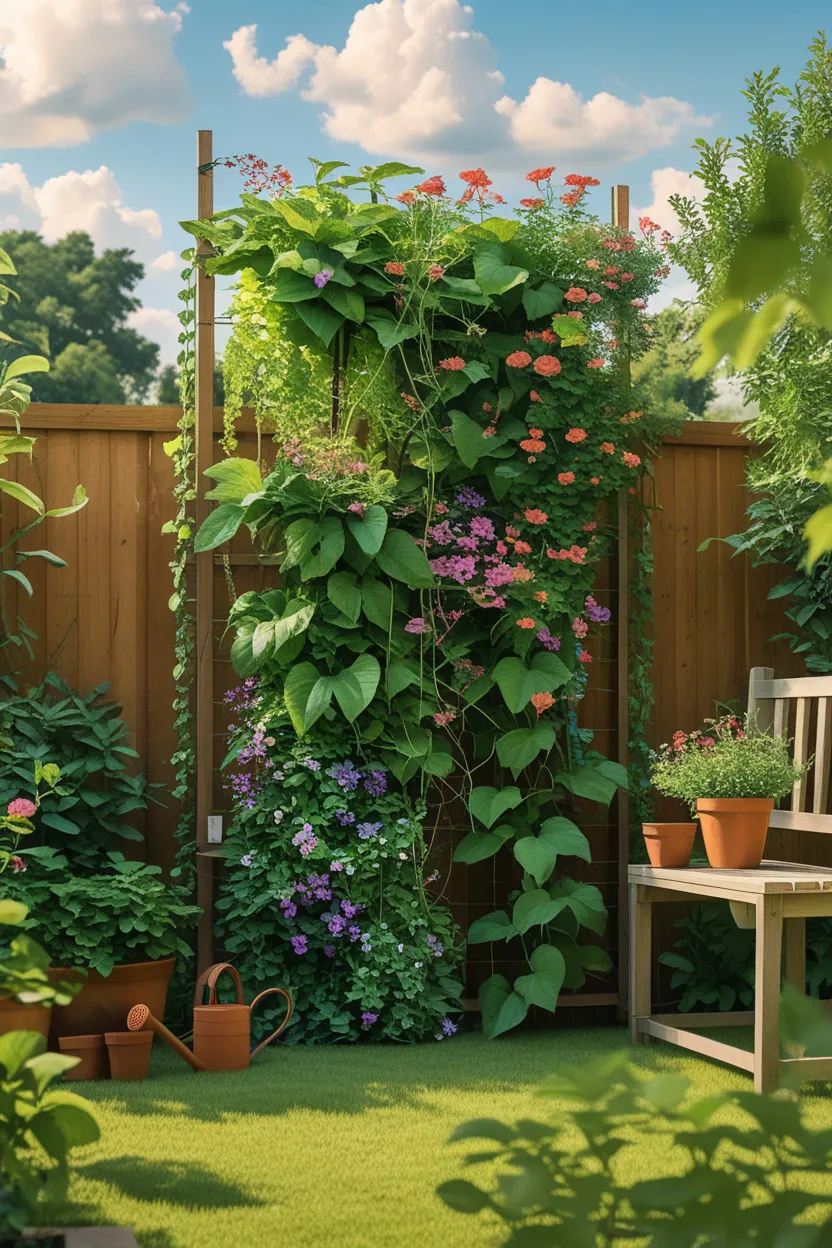 Vertical gardening up a trellis is the perfect way to grow pole beans, scarlet runner beans, squash, melons, cucumbers, okra, gourds, any vining plant...
