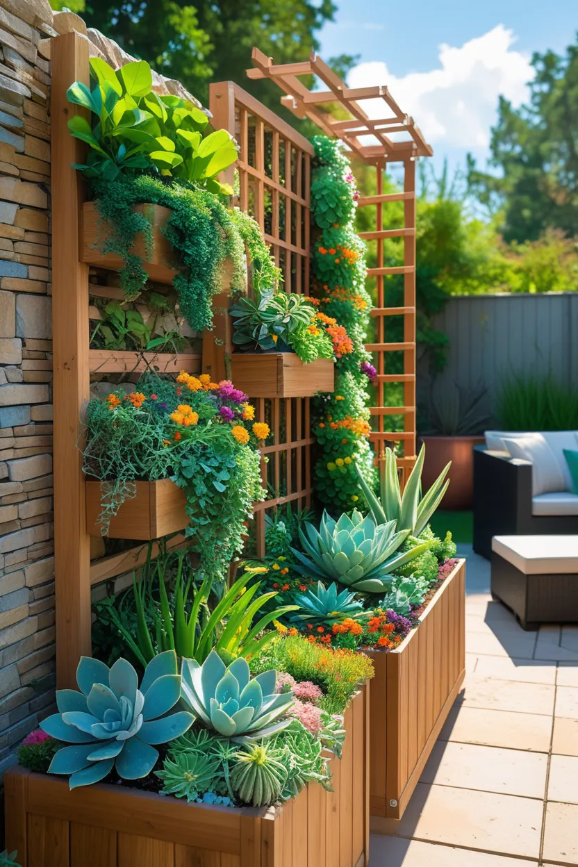 This gardener has put some plant boxes on his trellis for vertical gardening variety.