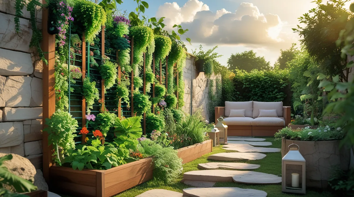 This vertical garden is part of a gorgeous relaxation area with a couch to enjoy it all.