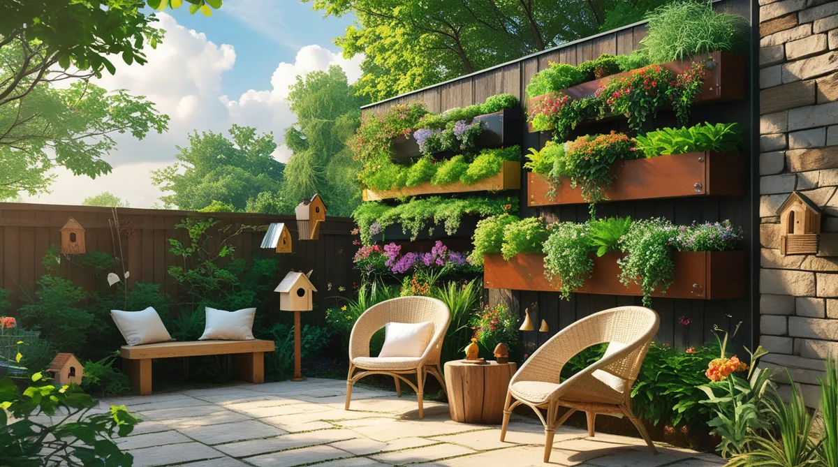 Adding planting boxes going up a fence is a great way to add vertical gardening to your yard along with some seating for  friends to enjoy the beauty.