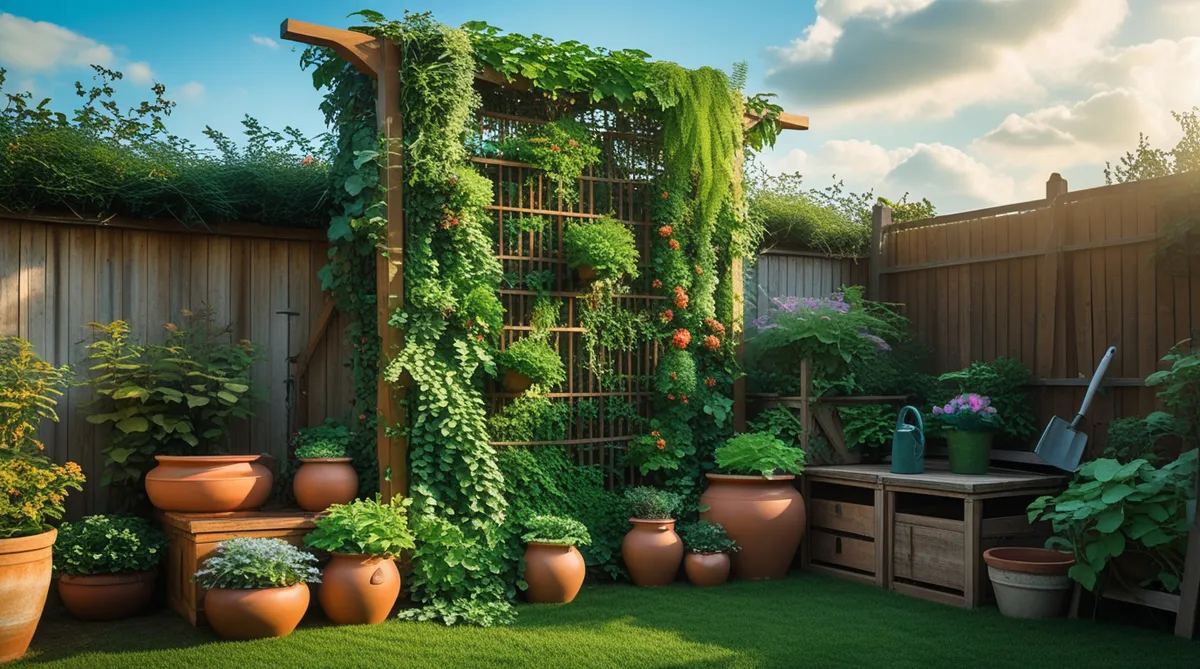A trellis mixed with terra cotta plants and a potting bench make the backyard garden look so put together.