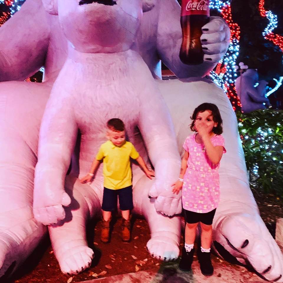 Max and Holley with Coca Cola bears at SeaWorld.