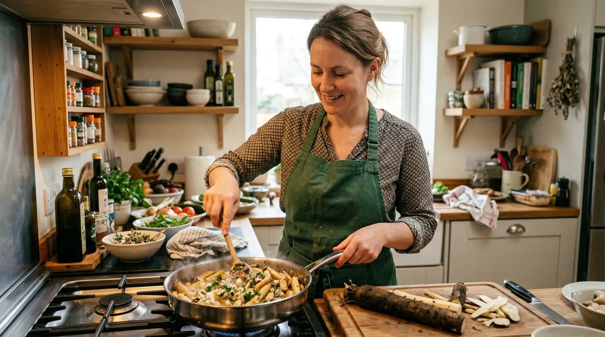 This lady is cooking some scorzonera for dinner.