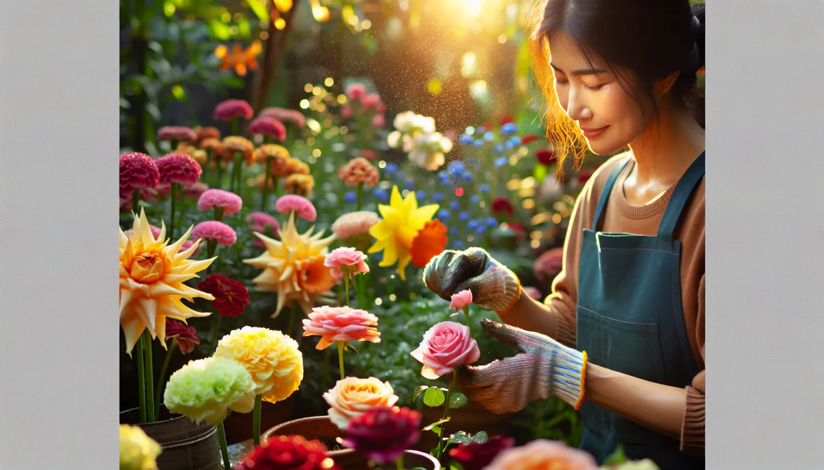 Examining flowers to see if any need to be deadheaded.